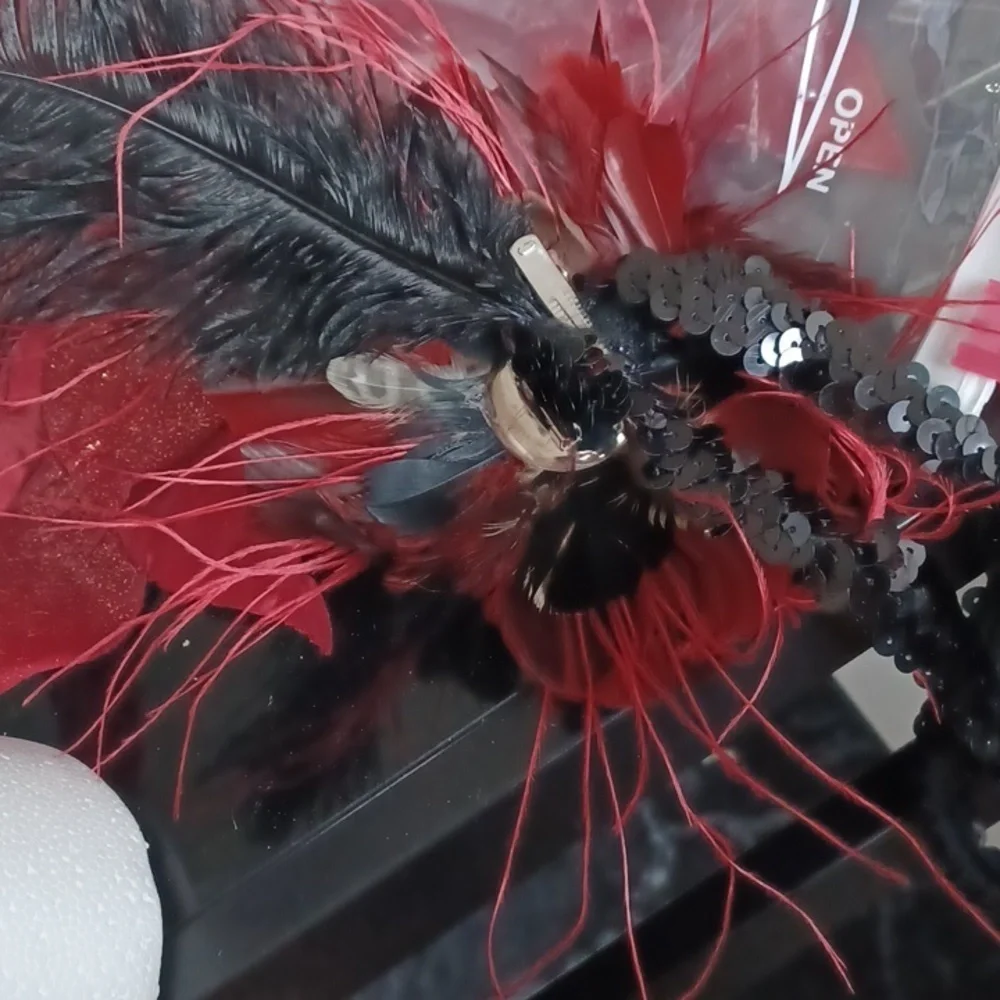 Vintage Fascinator Hat for Women Feather Black & Red, 2 pc